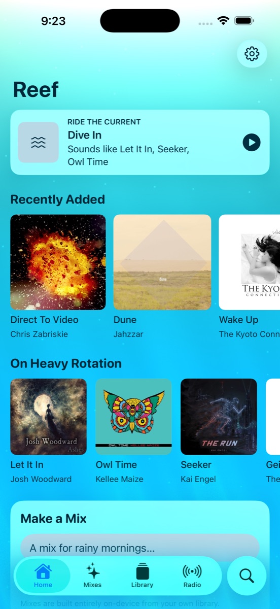 Reef Home tab with Ride the Current, Recently Added and On Heavy Rotation shelves