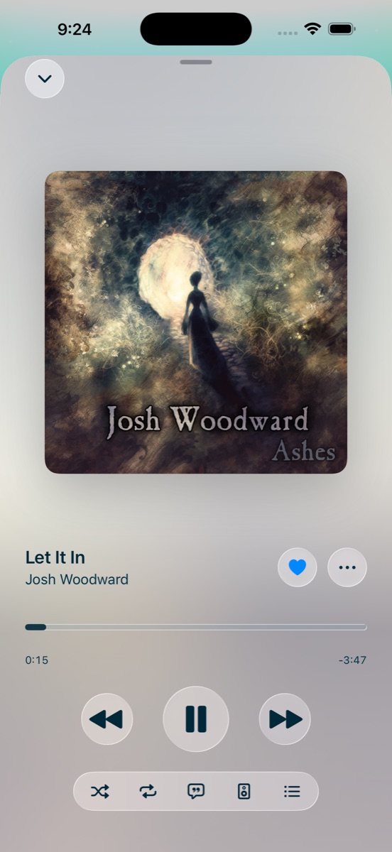 Reef's Now Playing screen: album artwork over a soft glass card with playback controls